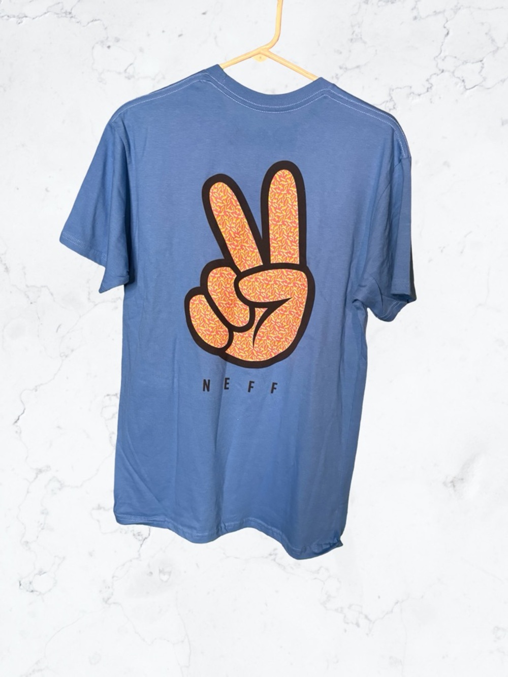 Neff Blue Tee with Orange Peace Hand Graphic